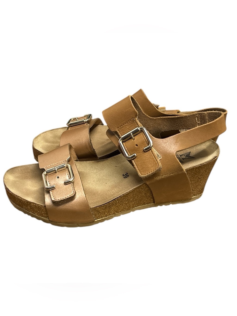 Mephisto Lissandra Tan Leather Double-Buckle Cork Wedge Sandals EU 39 US 9